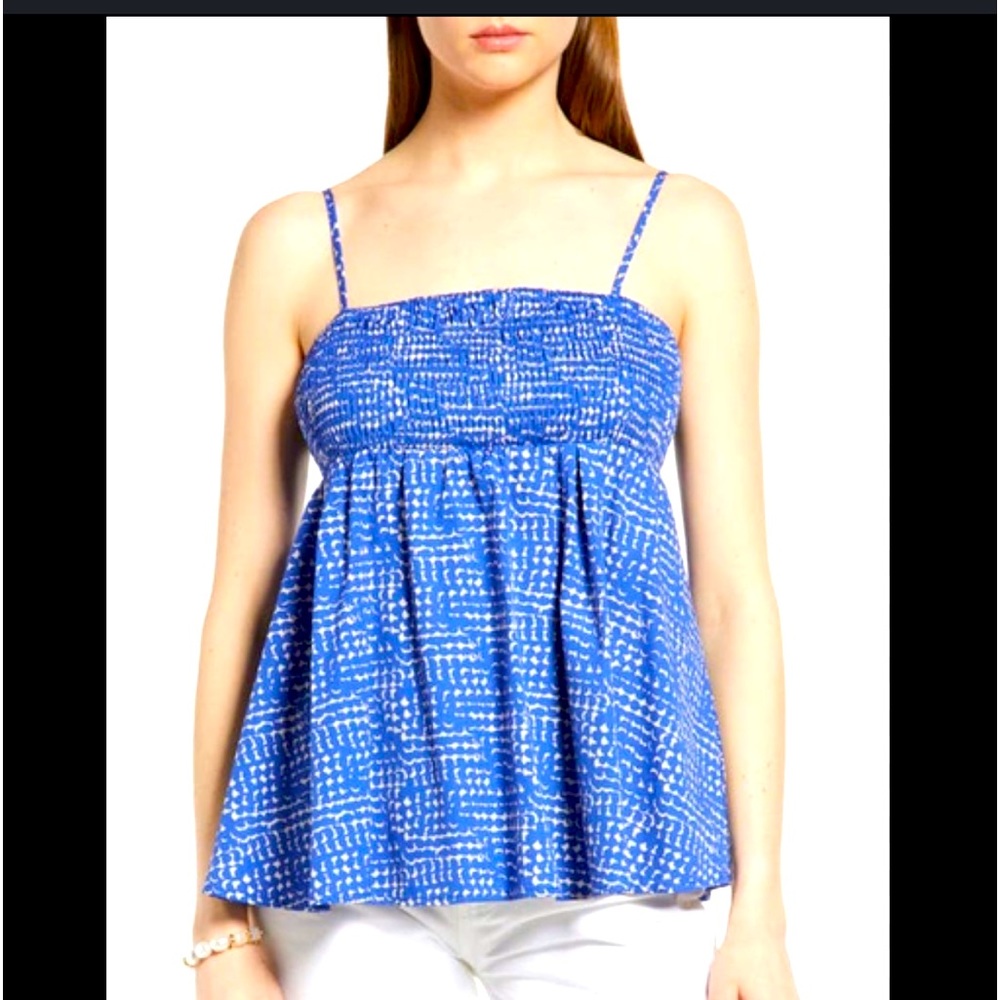 SMOCKED COTTON BABYDOLL CAMISOLE IN BLUE DAZZLE ECLIPSE GEO